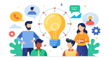 Diverse team collaborating on a bright idea with a large glowing lightbulb symbolizing innovation and creativity