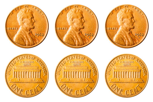 Isolated photo of 1 Lincoln memorial cent USA 1962 P, D and S coins on white background.
