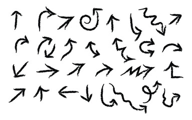 Collection of hand drawn black arrows pointing in various directions on a white background design element