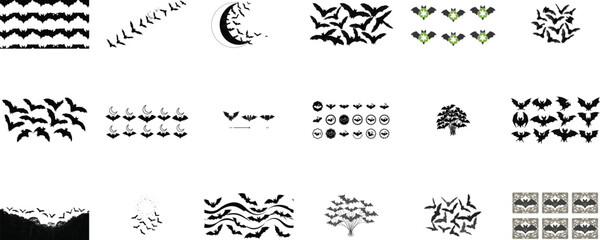 Bat silhouettes flying moon crescent and trees bats