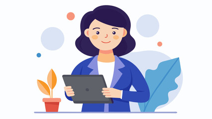 Smiling young woman in a blue blazer holding a tablet computer with a potted plant and abstract shapes in the background
