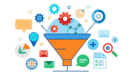 Conceptual illustration of a sales funnel with gears targets and communication icons representing marketing and business processes