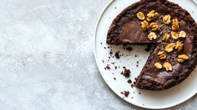 A rich chocolate cake layered with creamy filling and topped with walnuts promises a delicious treat for dessert lovers