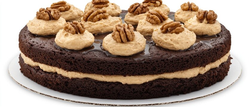 A rich chocolate cake layered with creamy filling and topped with walnuts promises a delicious treat for dessert lovers