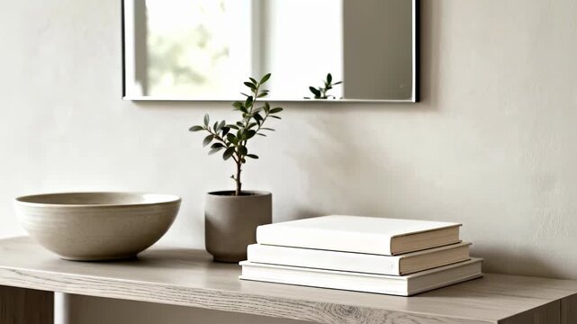 Close-up of a neutral-toned interior vignette featuring a plant, ceramic bowl, and stack of books on a console table