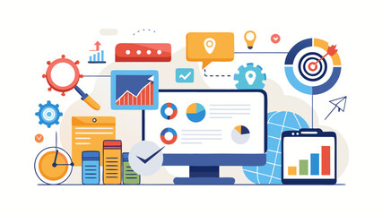 Business analytics and data visualization concept with charts graphs and computer screen showing growth and success