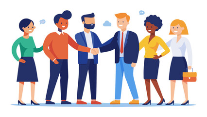 Diverse group of professionals shaking hands symbolizing partnership and successful business collaboration on white background