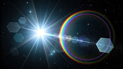 Dazzling cosmic spectacle unfolds with a brilliant starburst, rainbow lens flare, and geometric celestial shapes against a starry night sky