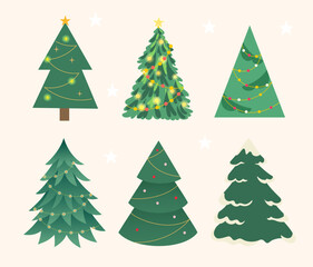 Colorful Christmas tree illustrations with festive decorations and lights