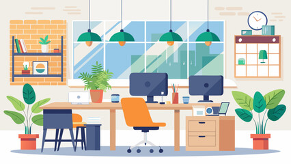 Modern office interior with two computers on a desk plants and a large window overlooking city buildings