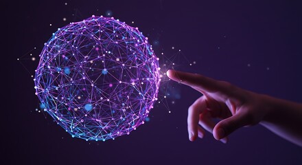 A hand reaches out to touch a glowing purple digital network sphere, representing global connectivity and technology