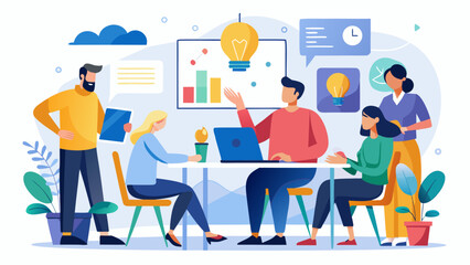 Diverse team collaborates on a business project with charts and lightbulb ideas in a modern office