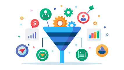 Sales funnel illustration with icons representing leads money data and process optimization for business growth