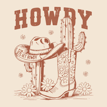 western and wild west culture. Hand drawn retro vector poster. western fashion print with Cowgirl boots. desert cowgirl t shirt design. girls graphics. summer print design. retro vintage country girl 