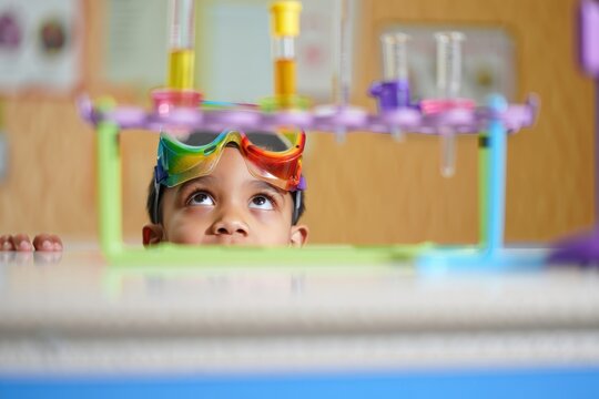 Child scientist peers over a bright lab stand wearing safety goggles indoors