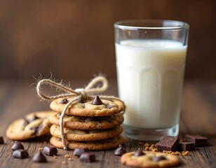 Stack of chocolate chip cookies tied with twine sits next to glass of milk on dark wooden table. Scattered chocolate pieces and crumbs surround baked goods, fresh snack.