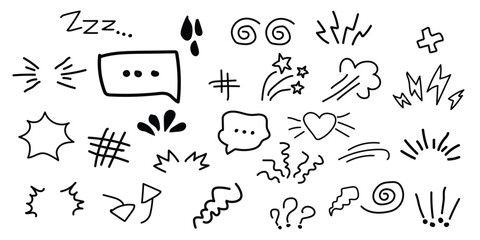 Hand-Drawn Expression Icons — Comic Emotions, Speech Bubbles, Hearts, Stars, Sparks & Doodle Accents | Vector Set