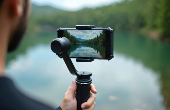 Man films serene lake and forest landscape using smartphone mounted on gimbal stabilizer. Close up view of hand holding modern video equipment for smooth filming.