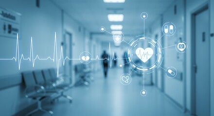 Modern hospital corridor with futuristic medical technology overlay, showing heart rate and health icons, representing healthcare innovation