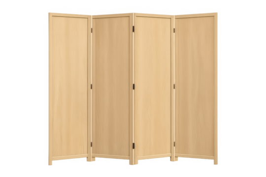 Wooden folding screen creating privacy and dividing space, portable room partition furniture on transparent background