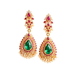 Pair of traditional indian earrings with green emeralds and red rubies isolated on transparent background for jewelry
