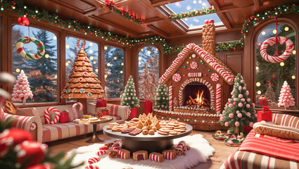 AI-generated image of the inside of a gingerbread house full of Christmas spirit