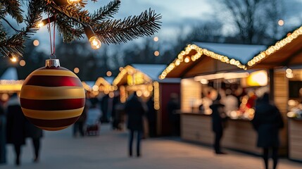 Colorful ornament shines on a tree as festive stalls glow with lights and people enjoy a lively holiday atmosphere at night