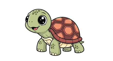 Obraz premium Cute cartoon baby turtle with big eyes and a patterned shell walking on a white background.