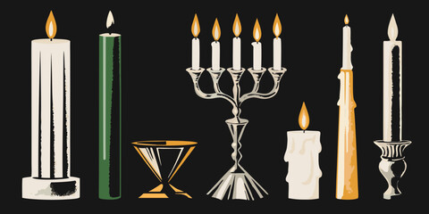 Collection of lit candles and a menorah on a dark background with a goblet