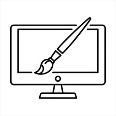 Computer monitor with a paintbrush creating digital art EPS icon