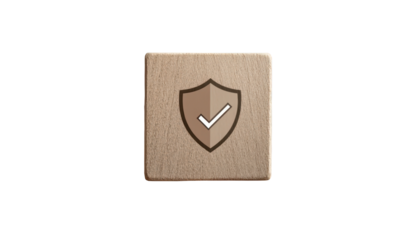 Tick mark in security shield on wooden box, PNG, isolated on transparent background.
