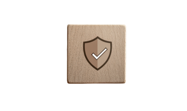 Tick mark in security shield on wooden box, PNG, isolated on transparent background.