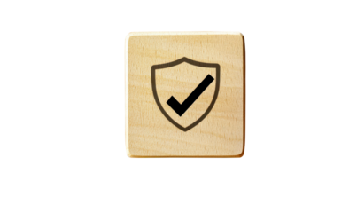 Tick mark in security shield on wooden box, PNG, isolated on transparent background.