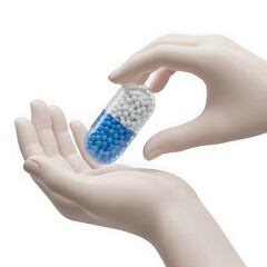 3d medical capsule with blue granules held by hands isolated on transparent background