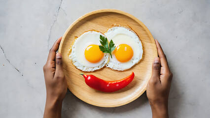 Overhead shot of darkskinned hands holding a wooden plate with sunnyside up eggs and a red chili pepper