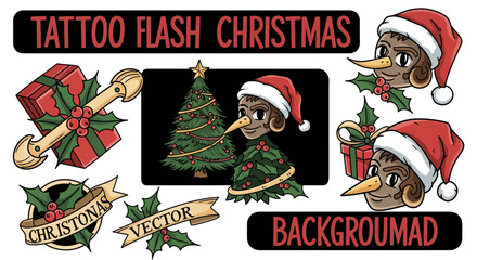 Embrace festive spirit with charming Christmas tattoo flash designs featuring holly, presents, and a whimsical Santa character perfect for seasonal projects.