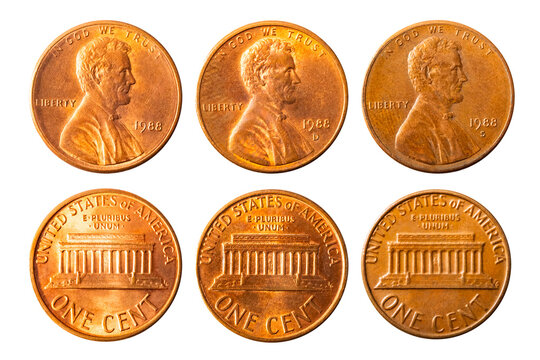 Isolated photo of 1 Lincoln memorial cent USA 1988 P, D and S coins on white background.