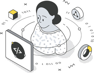 Woman Coding on Computer with Binary Data Flow Keywords: coding, programming, computer, screen