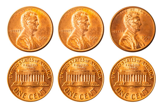 Isolated photo of 1 Lincoln memorial cent USA 1990 P, D and S coins on white background.