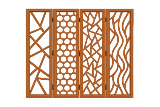 Wooden room divider panels featuring decorative fretwork, lattice patterns, and jali designs on a transparent background