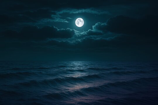 Mysterious full moon shines over dark, rippling ocean waves under dramatic, cloudy night sky creating a serene and atmospheric seascape.