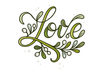 Dekorativer &bdquo;Love&ldquo;-Schriftzug aus gr&uuml;nen Mistelzweigen mit wei&szlig;en Beeren. Festliche Winter- und Weihnachtsillustration im eleganten Lettering-Stil.