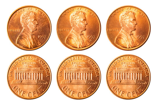 Isolated photo of 1 Lincoln memorial cent USA 1997 P, D and S coins on white background.