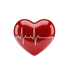 3d realistic red heart with ecg line isolated on transparent background