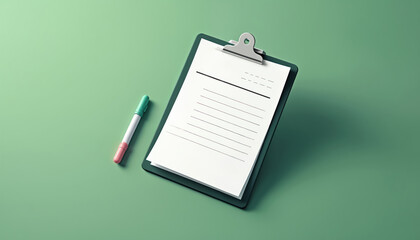 Clipboard with blank paper, pen sits on green surface. Form represents medical report. Healthcare concept for doctors notes, patient care, diagnosis, prescription. Minimalist design for business