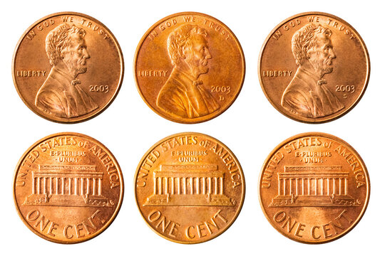 Isolated photo of 1 Lincoln memorial cent USA 2003 P, D and S coin on white background.