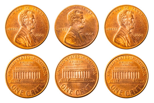 Isolated photo of 1 Lincoln memorial cent USA 2004 P, D and S coins on white background.