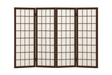 Japanese shoji room divider screen with wood frame and translucent rice paper panels, providing privacy and diffusing light on transparent background