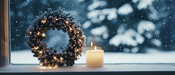 Candles glow softly by a window, creating a warm atmosphere while snow falls outside, brightening the winter evening