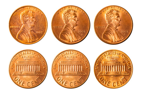 Isolated photo of 1 Lincoln memorial cent USA 2007 P, D and S coins on white background.